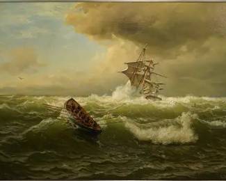 Huth, Julius. SHIP IN DISTRESS Large Framed Maritime Oil on Canvas Antique Painting
