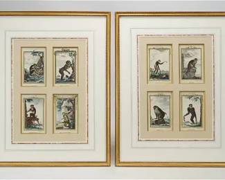 Bell, Andrew. Framed Pair of Original 18thC Monkey Hand Colored Engravings Prints
