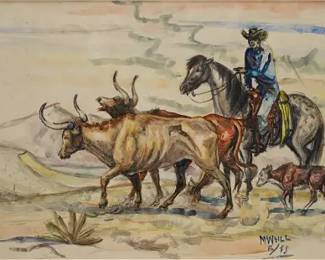Cowboy on Horseback w/Steers Original Watercolor on Paper Framed Painting
