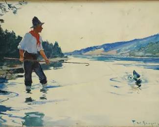 Benson, Frank Weston. Framed Original Watercolor FLY FISHING 1930

