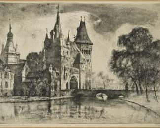 Framed and Matted Artist Signed Drypoint Etching Castle Landscape
