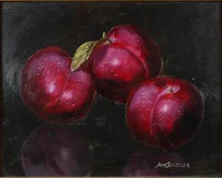 Schisler, John. PLUMS Framed Still Life Oil Painting on Masonite
