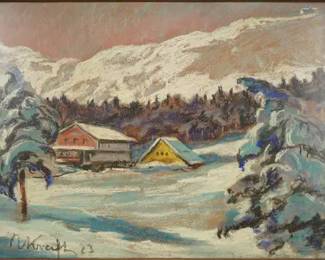 Artist Signed Oil Pastels on Paper SNOW MOUNTAIN LANDSCAPE 1923 Framed Polish Painting
