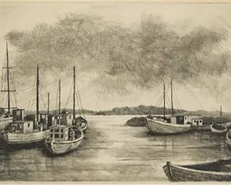 20thC Etching BOATS AT THE DOCK Pencil Signed Framed Print
