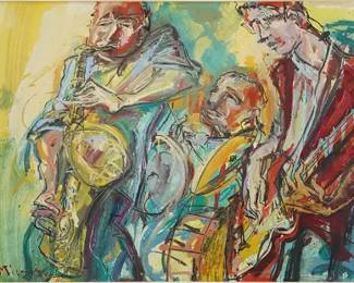 Mikora, Mikhail. JAZZ MUSICIANS Acrylic, Gouache, and Watercolor on Paper Framed Original Painting
