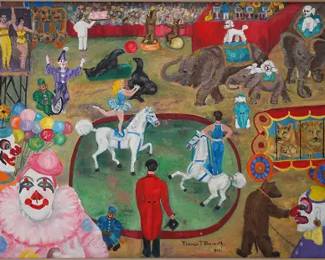 Bosworth, Florence. Very Large Outsider Art Framed Circus Scene American Naive Art Brut Painting
