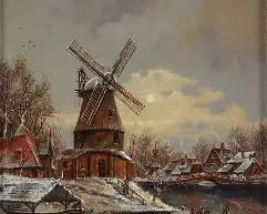 Neubert, Hans K. RIVER LANDSCAPE WITH WINDMILL IN WINTER German Oil on Board Framed Painting
