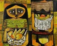 Lopez, Emy. Two Women with Fruit Baskets. Acrylic on Canvas Painting
