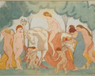 Artist Signed Framed Pastel on Paper Painting NUDE WOMEN AND A HORSE
