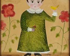 Antique American Folk Art YOUNG CHILD AND YELLOW BIRD Theorem Painting on Velvet
