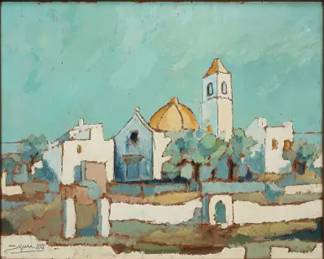 Artist Signed Framed Oil Painting on Masonite GREEK HOUSES IN THE SUN
