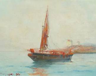 Signed Acrylic on Canvas Maritime Painting Sailboat in Harbor
