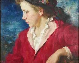 Molnar, Lajos Rezes. Dramatic Portrait of a Young Woman Framed Oil on Canvas
