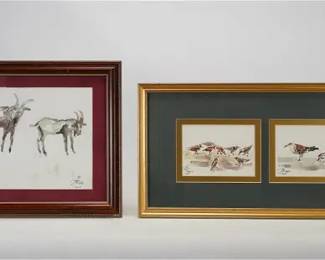 Williams, Ian. BIRD AND GOATS Framed Watercolor Paintings plus Book by Author
