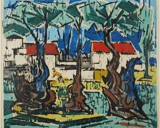 Drewes, Werner. OLIVE TREES, PERU Framed Woodcut MCM Print
