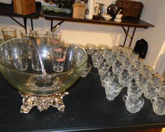 Vintage Pitman-Dreitzer punch bowl set complete with punch bowl cups and ladle.