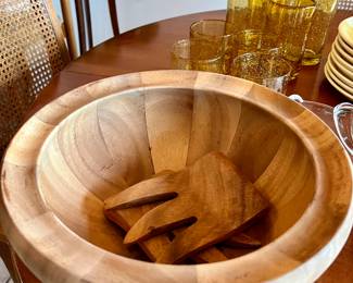 Wooden bowl and tongs