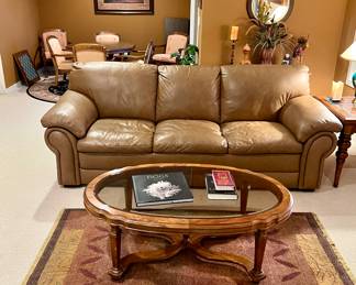 Leather tan sofa, coffee table