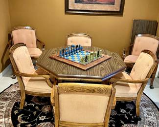 Game Table with 6 chairs, round area rug