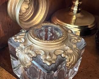 Vintage brass & glass inkwell