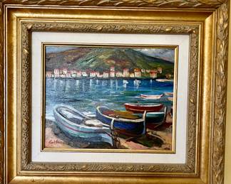 Oil painting island and boats