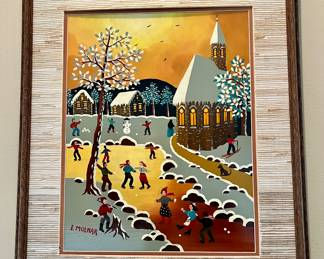 Vintage E. Molnar American Folk art oil. Winter scene