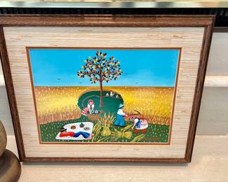 E. Molnar American Folk art oil. Country Farm Picnic scene