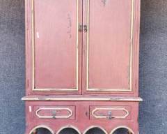 Vintage Red Cathedral Buffet Hutch Made Guild Master 2 Piece Painted Cupboard
