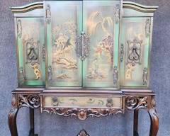 Fantastic Vintage Hand Painted Carved Wood Chinoserie Tall Bedroom Cabinet with Fancy Brass Hardware
