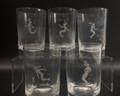Orrefors Nils Landberg Mid Century Dancing Nude Etched Mermaid signed Tumblers set of 5
