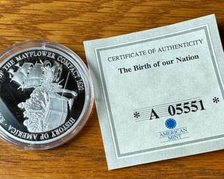 American Mint .999 Silver Coin History of America Ratification of the Mayflower Compact 1620	Case: 1.75in Diameter 		107028
