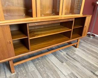Danish Teak Midcentury Modern 2-Piece China Cabinet Hutch Sideboard Display 	Together: 70.25x78.75x18.25in Lower Cabinet: 31x78.75x18in Upper Cabinet: 39.5x62x15in 		110055
