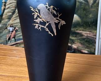 Tiffin Black Amethyst Glass Vase W Gold Hand Painted Bird	8.25 x 4.25 x 4.25 in Hole Diameter 3in		110003
