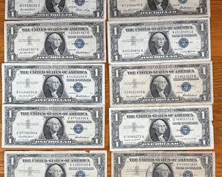 Lot of 10 $1 Silver Certificate Blue Note Seal 1935 1957 Dollar Bills 			107022
