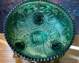 Vtg Imperial Luster Carnival Glass Green Rose footed Bowl	4in H x 7.5in Diameter 		110044
