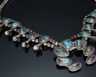 Vintage Navajo Silver & Turquoise Squash Blossom Necklace Native American Jewelry 	24.5 in long Naja: 65x71mm	150.43 grams 	970109