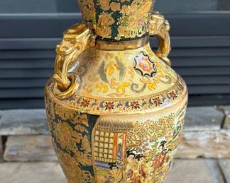 Japanese Satsuma Fluted Dragon Handle Vase Porcelain 	18in H x 7.25in Diameter at Rim 		107036
