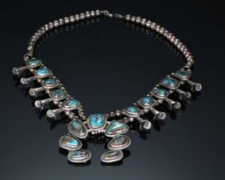 Vintage Navajo Silver & Turquoise Squash Blossom Necklace Native American Jewelry 	24.5 in long Naja: 65x71mm	150.43 grams 	970109