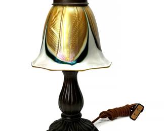 Antique Bronze Lamp ZEPHYR Studio Pulled Feather Glass Shade 	11.25in H x 5.75in Diameter 		940004
