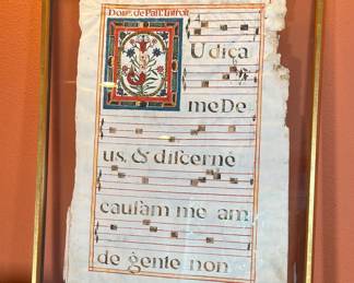 Antique 2-Sided Framed Gregorian Chant Hand Painted Vellum Antiphonal 	Frame: 328.25x29x 1.75 Page: 32x22in		104027
