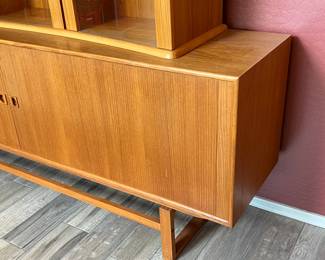 Danish Teak Midcentury Modern 2-Piece China Cabinet Hutch Sideboard Display 	Together: 70.25x78.75x18.25in Lower Cabinet: 31x78.75x18in Upper Cabinet: 39.5x62x15in 		110055
