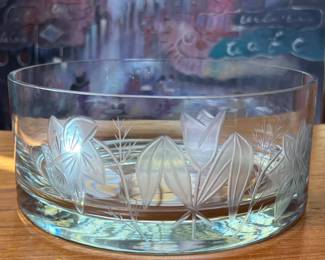 Vtg Glass Water Bowl Etched W Floral Design	4.25in H x 10in Diameter 	 	110051
