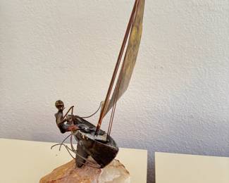 C. Curtis Jere Man In a Sail Boat Bronze Sculpture Metal & Stone Midcentury Modern Sailboat Boat SIGNED	12.5x7.5x7in		130011
