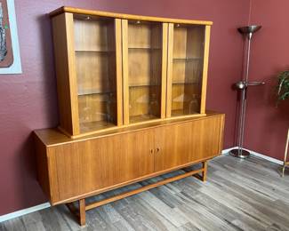 Danish Teak Midcentury Modern 2-Piece China Cabinet Hutch Sideboard Display 	Together: 70.25x78.75x18.25in Lower Cabinet: 31x78.75x18in Upper Cabinet: 39.5x62x15in 		110055
