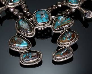 Vintage Navajo Silver & Turquoise Squash Blossom Necklace Native American Jewelry 	24.5 in long Naja: 65x71mm	150.43 grams 	970109