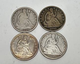 Lot of 4 Seated Liberty Half Silver Dollar Coins 1843 1858 1865 			107091
