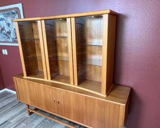 Danish Teak Midcentury Modern 2-Piece China Cabinet Hutch Sideboard Display 	Together: 70.25x78.75x18.25in Lower Cabinet: 31x78.75x18in Upper Cabinet: 39.5x62x15in 		110055
