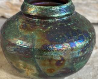 Iridescent Raku Studio Pottery Pot Signed Telford 	5in H x 2.5in Diamter at opening 		107040
