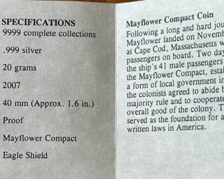 American Mint .999 Silver Coin History of America Ratification of the Mayflower Compact 1620	Case: 1.75in Diameter 		107028
