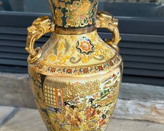 Japanese Satsuma Fluted Dragon Handle Vase Porcelain 	18in H x 7.25in Diameter at Rim 		107036
